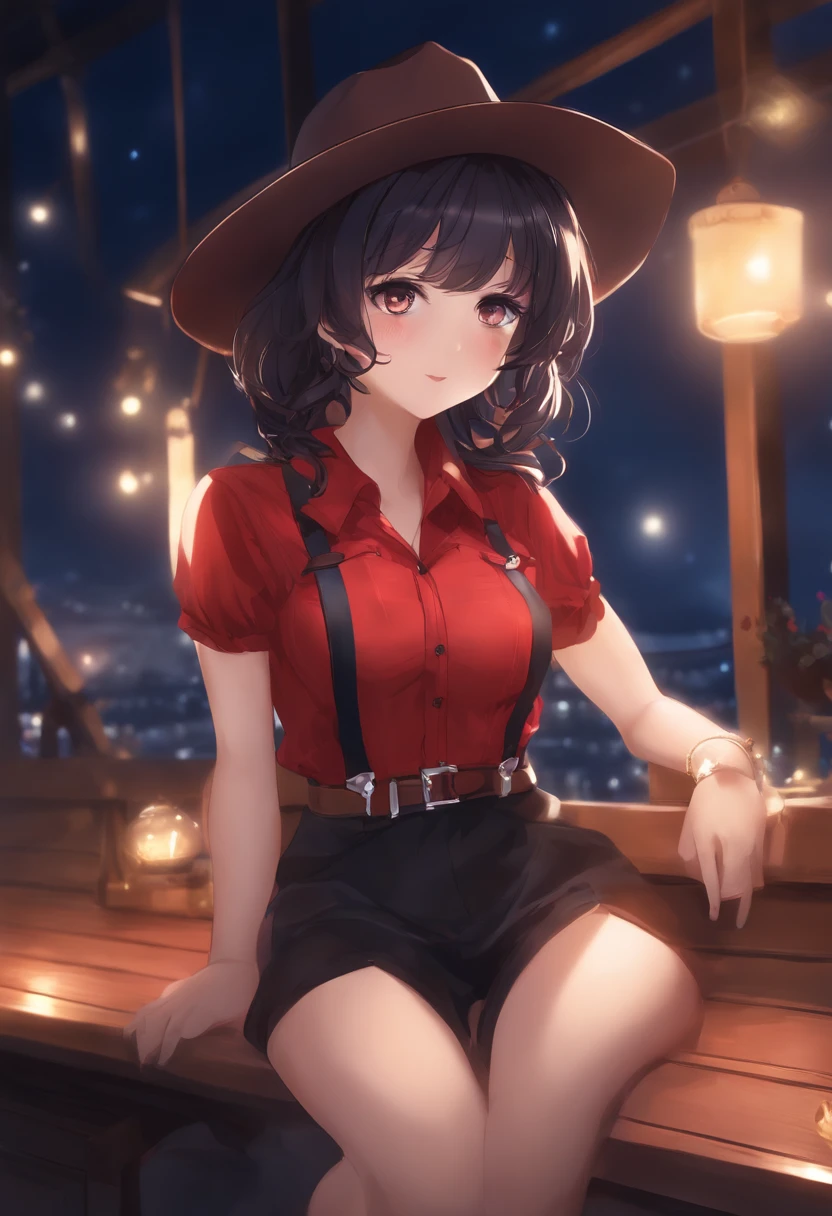 (best quality,Lora:Ame-chan_40_10:0.75),Ame-chan,masterpiece,1girl,alone,small breasts,cowboy shot,suspenders,red shirts,black ribbon,midnight blue color,summer night lighting