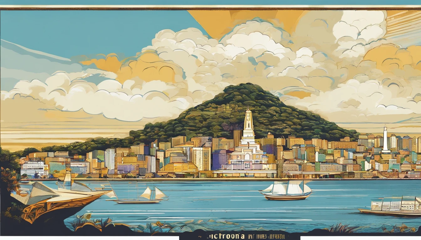Create a commemorative outdoor design for Niterói's 450th anniversary, located on Avenida da Praia, near the Barcas Station. The outdoor will have dimensions of 6 meters in width by 3 meters in height and will feature a gradient background, starting with light blue at the top to represent the sky, transitioning to deeper blue at the bottom, symbolizing the Guanabara Bay. In the center, prominently display the title 'Niterói - 450 years of history and charm' in white letters with a golden hue. Position a prominent image of the MAC (Museum of Contemporary Art) in the top left, occupying about 1/4 of the width and 1/3 of the height. In the bottom right corner, insert a 3x3 photo panel showcasing the Sugarloaf Mountain, City Park, Santa Cruz Fortress, and Boa Viagem Lookout, with golden borders. Below the photos, include informative text about Niterói, its attractions, and history, using a legible font in white letters. On the bottom right, place the official logo for Niterói's 450th anniversary. Finish the outdoor with a thin golden border for framing, creating a piece that elegantly celebrates the city and highlights its tourist attractions.
