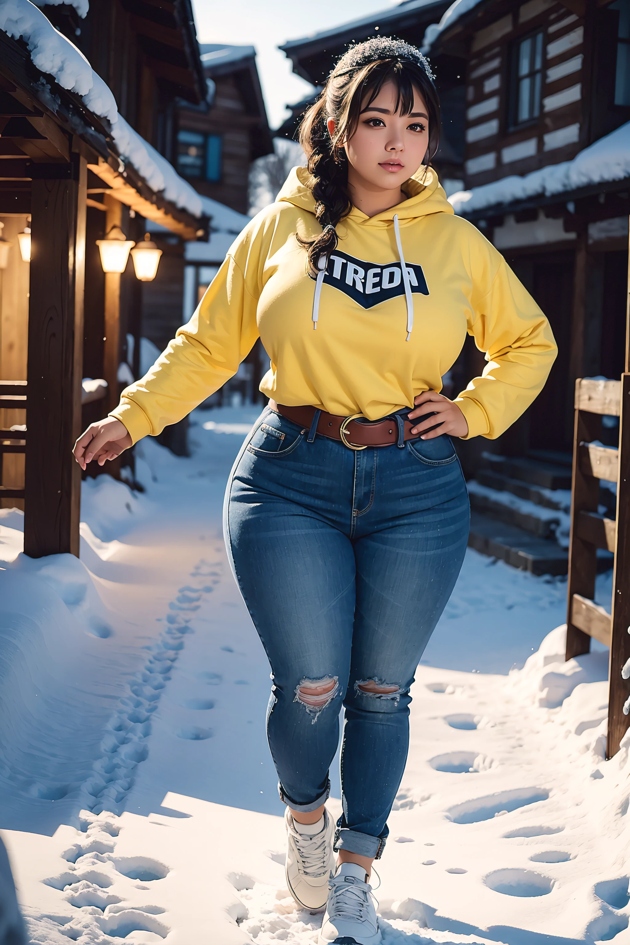 Beautiful sensual woman with a curvy body, long hair, bangs, french braid, widest waist, fitting breasts, curvy accentuated booty, sparkling eyes, long eyelashes, thick thighs, Strong calves, shy Look, taniaayusiregar, She wears a hoodie, jeans, belt, yellow sneakers, strolling through a Mountain village, looking at old buildings, evening in Winter, snow, photorealistic, Masterpiece, bokeh, Volumetric lighting, winter season atmosphere, full body shot from the front