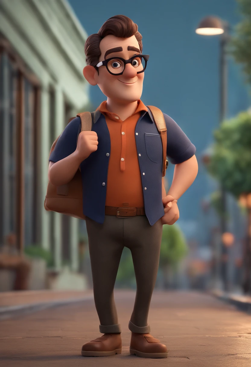 Cartoon character of a man with black glasses, cabelo cacheado marrom escuro e uma camisa azul, animation character, Caractere estilizado, animation style rendering, 3D estilizado, Arnold Maya render, 3 d render stylized, toon render keyshot, Personagem 3D, Personagem 3D, 3d rendering stylized, 3 d character render, personagem de desenho animado, Personagem de close up, Pose de personagem, (Estilo Pixar) (master part:1.2) (Bokeh) (best quality) (pele detalhada) (textura detalhada) (8k) (argila) (Cinematic lighting) (foco nítido