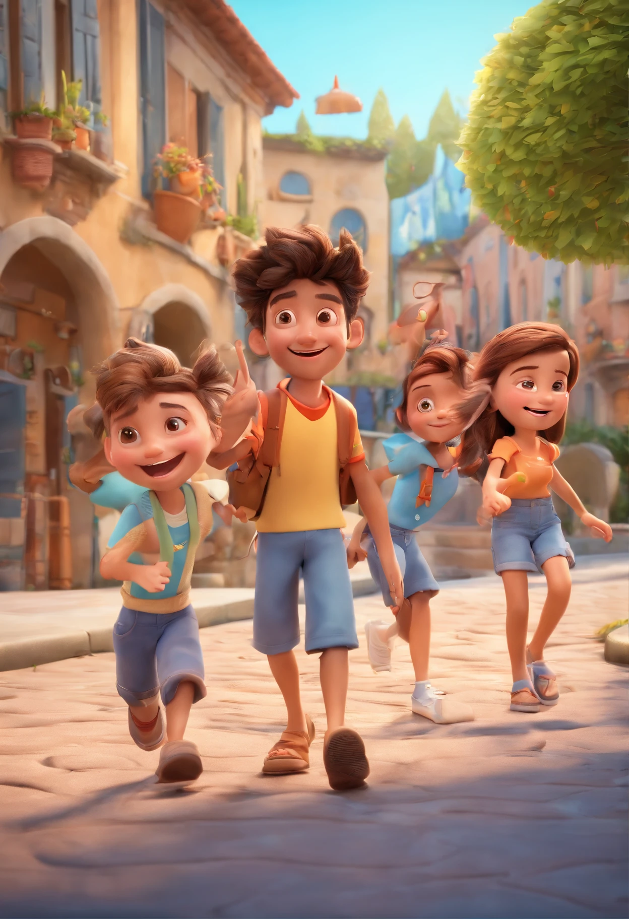Cartoon of friends having fun on vacation together, 3D Animation Movie Poster, Poster de filme animado, pixar 3 d animation style, pixar renderman rendering, maia 8 mil, animated film, Disney Pixar Estilo 3D, amigos felizes saem juntos, all wearing light blue shirts and cream brown long pants, camisa azul clara, cream brown pants, ao ar livre, vacation, Disney Pixar Animation Poster