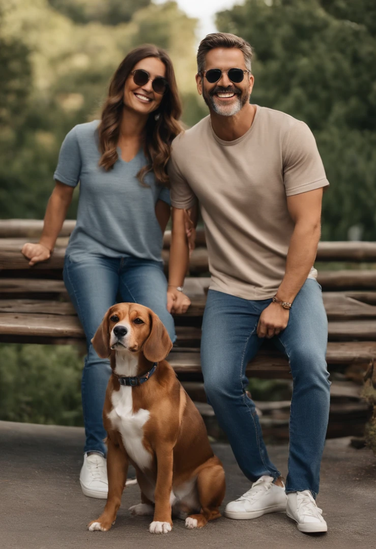 Pixar. Casal com um filhote de cachorro beagle marrom. A menina tem os cabelos loiros amarrados, Camiseta cinza e jeans claro, white glasses. O menino de cabelos pretos com cabelos grisalhos, barba pequena, oculos, Dark blue jeans and gray t-shirt. They are both smiling and are 40 years old