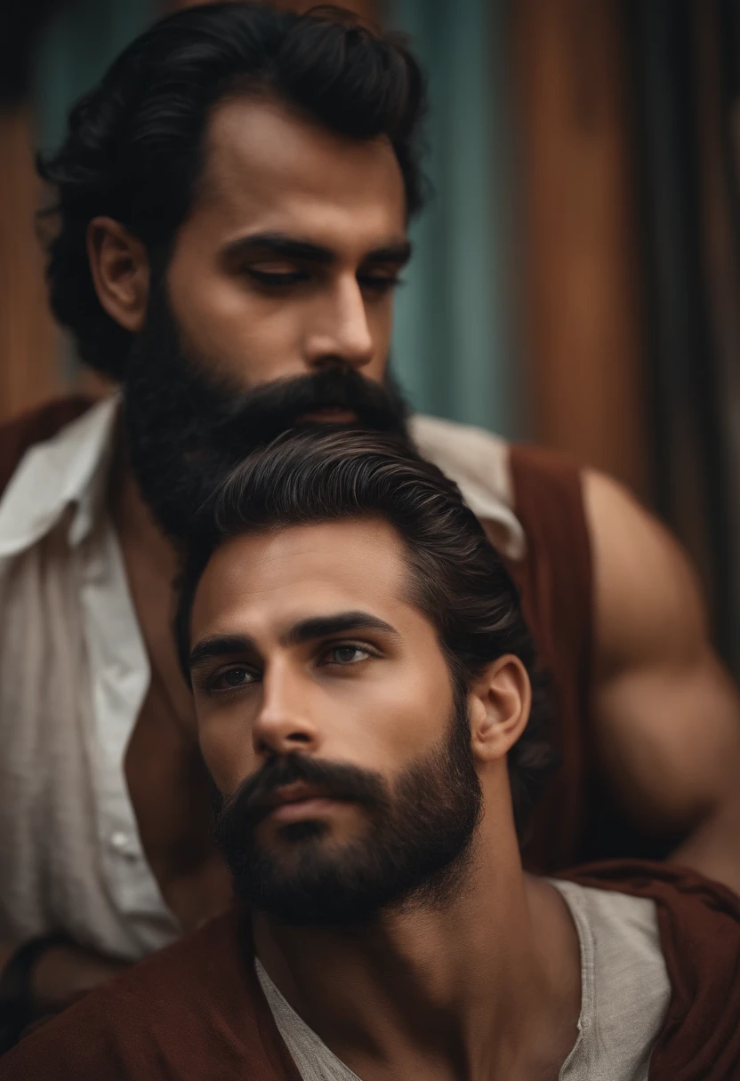 2 BEAUTIFUL MEN AROUND 35 YEARS OLD SHIRTLESS WITH FACIAL HAIR AND HAIRY CHEST SHORT HAIR WEARING JEANS IN A DARK ALLEY