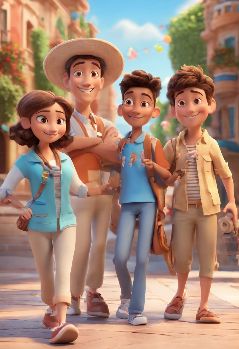 Cartoon of friends having fun on vacation together, 3D Animation Movie Poster, Poster de filme animado, pixar 3 d animation style, pixar renderman rendering, maia 8 mil, animated film, Disney Pixar Estilo 3D, amigos felizes saem juntos, all wearing light blue shirts and cream brown long pants, camisa azul clara, cream brown pants, ao ar livre, vacation, Disney Pixar Animation Poster