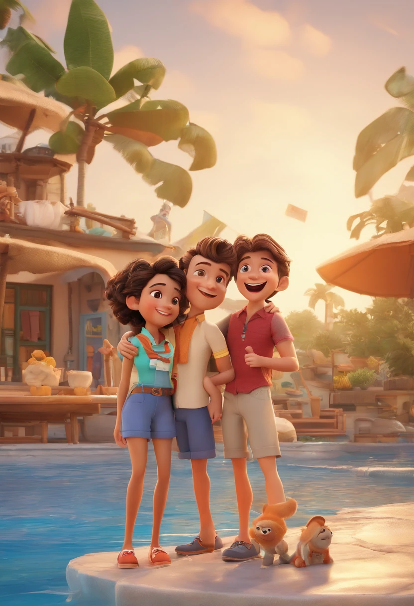 Cartoon of friends having fun on vacation together, 3D Animation Movie Poster, Poster de filme animado, pixar 3 d animation style, pixar renderman rendering, maia 8 mil, animated film, Disney Pixar Estilo 3D, amigos felizes saem juntos, all wearing light blue shirts and cream brown long pants, camisa azul clara, cream brown pants, ao ar livre, vacation, Disney Pixar Animation Poster