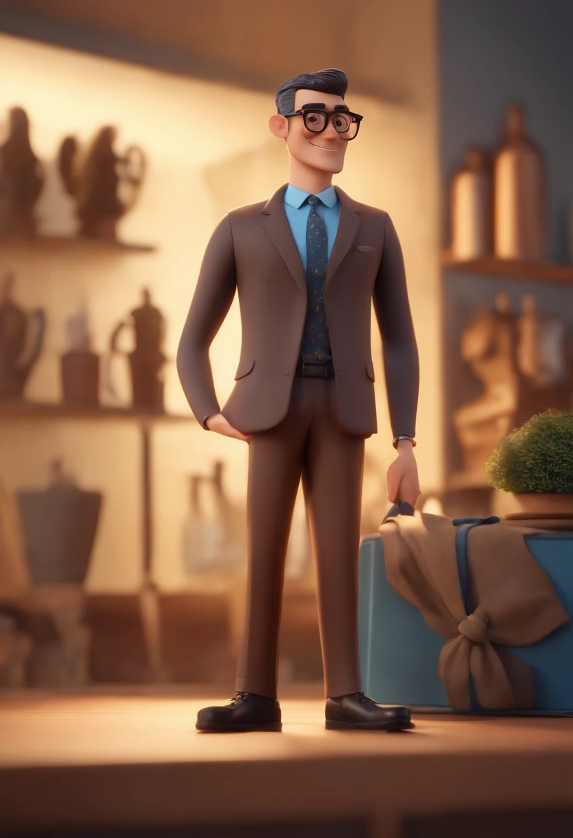 Cartoon character of a man with black glasses, cabelo cacheado marrom escuro e uma camisa azul, animation character, Caractere estilizado, animation style rendering, 3D estilizado, Arnold Maya render, 3 d render stylized, toon render keyshot, Personagem 3D, Personagem 3D, 3d rendering stylized, 3 d character render, personagem de desenho animado, Personagem de close up, Pose de personagem, (Estilo Pixar) (master part:1.2) (Bokeh) (best quality) (pele detalhada) (textura detalhada) (8k) (argila) (Cinematic lighting) (foco nítido