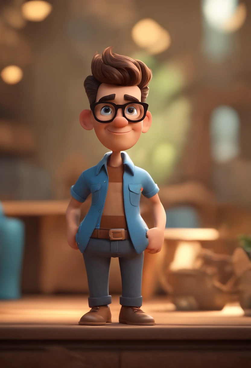 Cartoon character of a man with black glasses, cabelo cacheado marrom escuro e uma camisa azul, animation character, Caractere estilizado, animation style rendering, 3D estilizado, Arnold Maya render, 3 d render stylized, toon render keyshot, Personagem 3D, Personagem 3D, 3d rendering stylized, 3 d character render, personagem de desenho animado, Personagem de close up, Pose de personagem,  (Estilo Pixar) (master part:1.2) (Bokeh) (best quality) (pele detalhada) (textura detalhada) (8k) (argila) (Cinematic lighting) (foco nítido