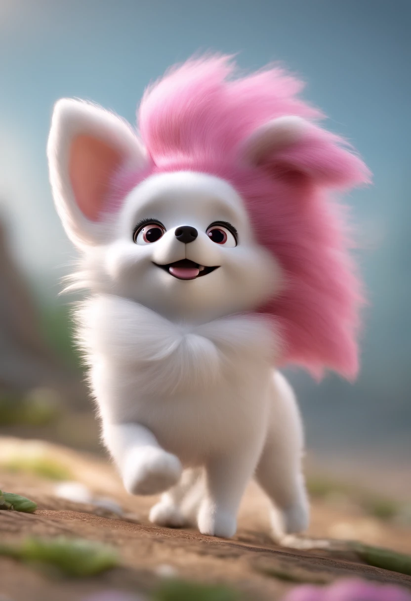 Cartoon character of a white german spitz with pink ear, animation character, Caractere estilizado, animation style rendering, 3D estilizado, Arnold Maya render, 3 d render stylized, toon render keyshot, Personagem 3D, Personagem 3D, 3d rendering stylized, 3 d character render, personagem de desenho animado, Personagem de close up, Pose de personagem, (Estilo Pixar) (master part:1.2) (Bokeh) (best quality) (pele detalhada) (textura detalhada) (8k) (argila) (Cinematic lighting) (foco nítido