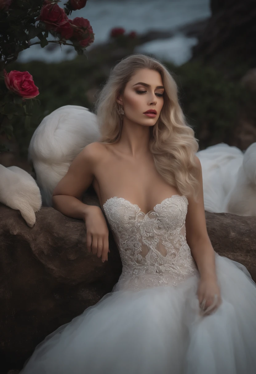 master part, extremely high quality, (foco sozinho), (rosto perfeito:1.1), (High detail:1.1), (olhos hiper detalhados), Dramatic, 1 cara, (pale skin), longos cabelos brancos, ethereal eyes, (sobrancelhas claras), sozinho, cabelos longos, JTiago Azevedo, lua, Noite, terno de luxo branco, pouty lips, pele, proud expression,Praia, Antecedentes detalhados, Arte por Artgerm, Cinematic lighting, Roses, moda, BalenciagaStyle