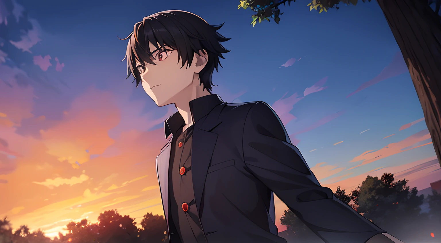A boy with medium length hair, olhos negros, a dark blue shirt with red buttons and long sleeves, uma jaqueta azul clara com gola alta no estilo de um mago de RPG, with several trees in the background and an orange sunset, roupa estilo mago ou feiticeiro ou nomade