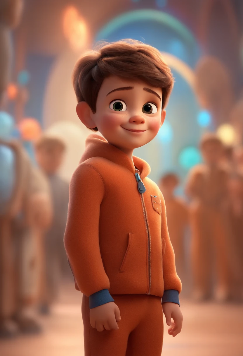 a happy cute kid standing short hair, vestindo uma fantasia espacial, , fundo branco, barnet, Tom, Estilo Pixar, ....3d, desenhos animados, rosto detalhado, asymmetrical 16k