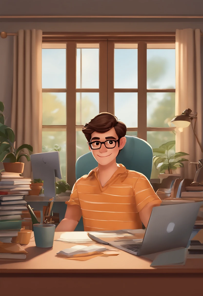 Um jovem de camisa social, Short hair and spectacles fluttered at his desk,segurando laptop,Pintura digital,tigre,Design de Personagens 3D por Mark Clairen e Pixar e Hayao Miyazaki e Akira Toriyama,4K HD Illustration,Very detailed facial features and cartoon-style visuals。