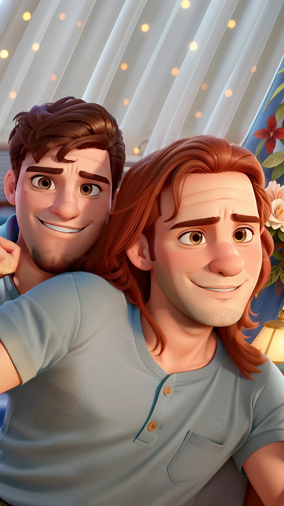 Casal (homem moreno e mulher branca) no estilo Disney Pixar, alta qualidade, melhor qualidade.