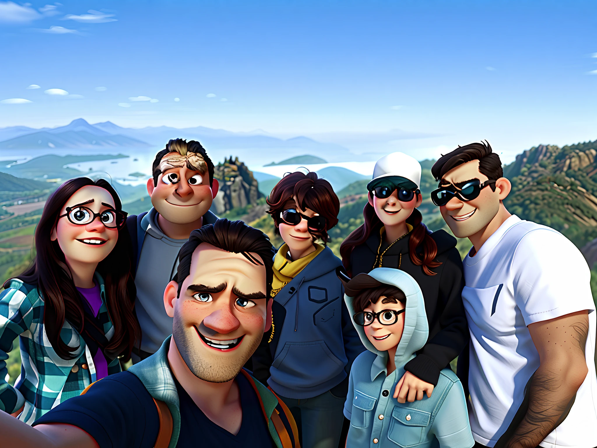 Pixar style, there are many people standing together on a mountain top, with mountains in the background, high resolution high quality