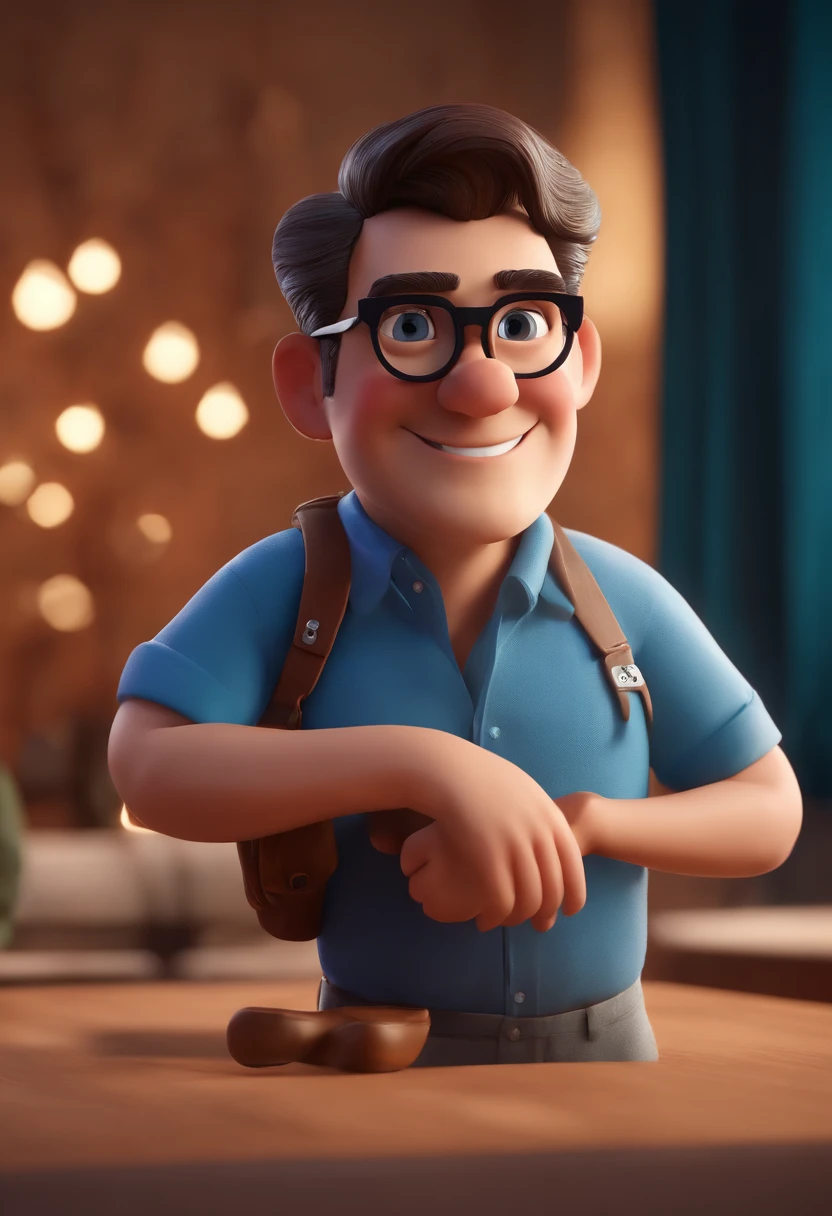 Cartoon character of a man with black glasses and a blue shirt, animation character, Caractere estilizado, animation style rendering, 3D estilizado, Arnold Maya render, 3 d render stylized, toon render keyshot, Personagem 3D, Personagem 3D, 3d rendering stylized, 3 d character render, personagem de desenho animado, Personagem de close up, Pose de personagem, (Estilo Pixar) (master part:1.2) (Bokeh) (best quality) (pele detalhada) (textura detalhada) (8k) (argila) (Cinematic lighting) (foco nítido