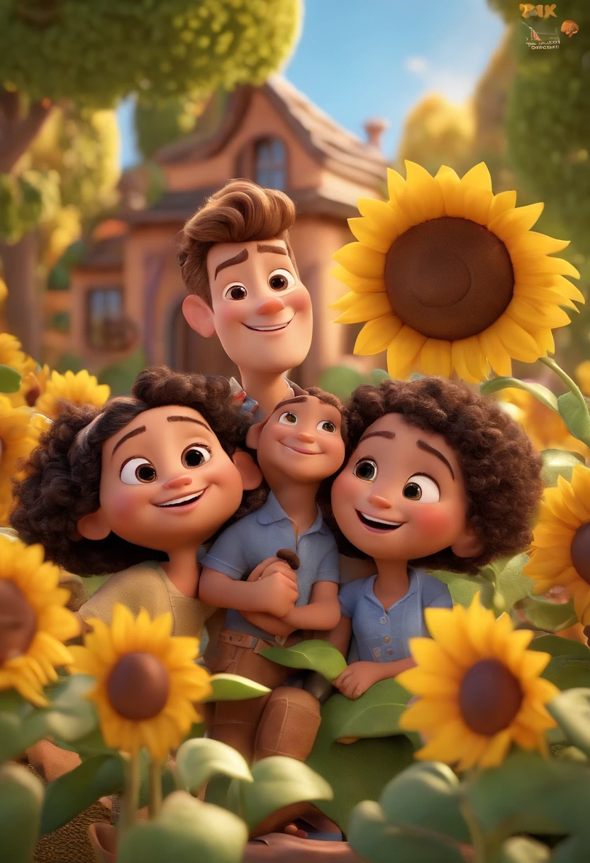 Create a Disney PIXAR-style 3D poster. ((centro da imagem, Triplets)), ((3 )) ((1 menino no meio e 2 meninas ao lado, They're hugging each other, O menino tem pele castanha e cabelos castanhos escuros e olhos castanhos escuros, 1 menina tem pele clara, olhos e cabelos escuros e cacheados, e a outra menina tem pele morena, olhos escuros e cabelos escuros e lisos)) ((tudo isso no estilo Disney PIXAR 3D, In the background, A house of sunflowers, Gloria Studio, The garden is full of nature 3D render RTX clay material, estilo de design cartunesco, POP Mart, soft lighting, linhas suaves, Spring tilt, Detailed illustrations of PIXAR 3D, Detalhes hiper-realistas, cor quente no estilo Disney PIXAR 3D))