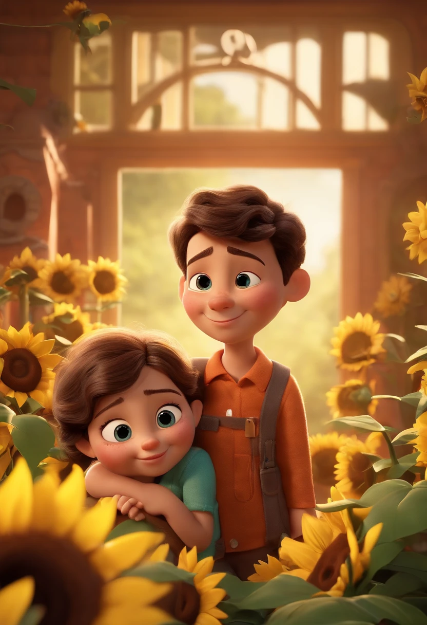 Create a Disney PIXAR-style 3D poster. ((centro da imagem, Triplets)), ((3 children)) ((1 menino no meio e 2 meninas ao lado, They're hugging each other, O menino tem pele castanha e cabelos castanhos escuros e olhos castanhos escuros, 1 menina tem pele clara, olhos e cabelos escuros e cacheados, e a outra menina tem pele morena, olhos escuros e cabelos escuros e lisos)) ((tudo isso no estilo Disney PIXAR 3D, In the background, A house of sunflowers, Gloria Studio, The garden is full of nature 3D render RTX clay material, estilo de design cartunesco, POP Mart, soft lighting, linhas suaves, Spring tilt, Detailed illustrations of PIXAR 3D, Detalhes hiper-realistas, cor quente no estilo Disney PIXAR 3D))