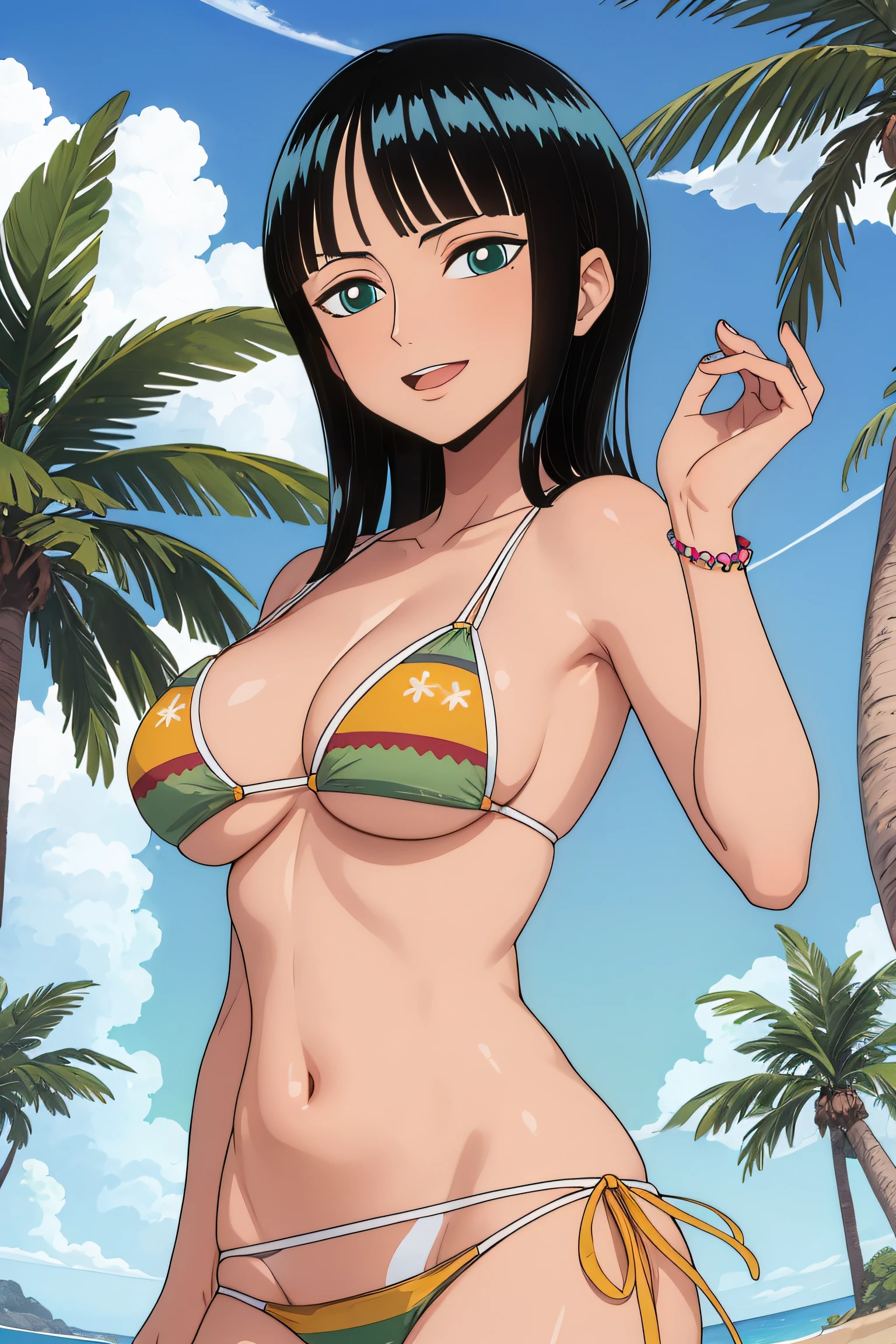 (Obra maestra),La mejor calidad,asombroso,Detalle fino.Profundidad de campo,hermosos ojos detallados, Nico Robin, 1girl,hembra madura,feliz,sonrisa ligera, bikini, barriga, breasts