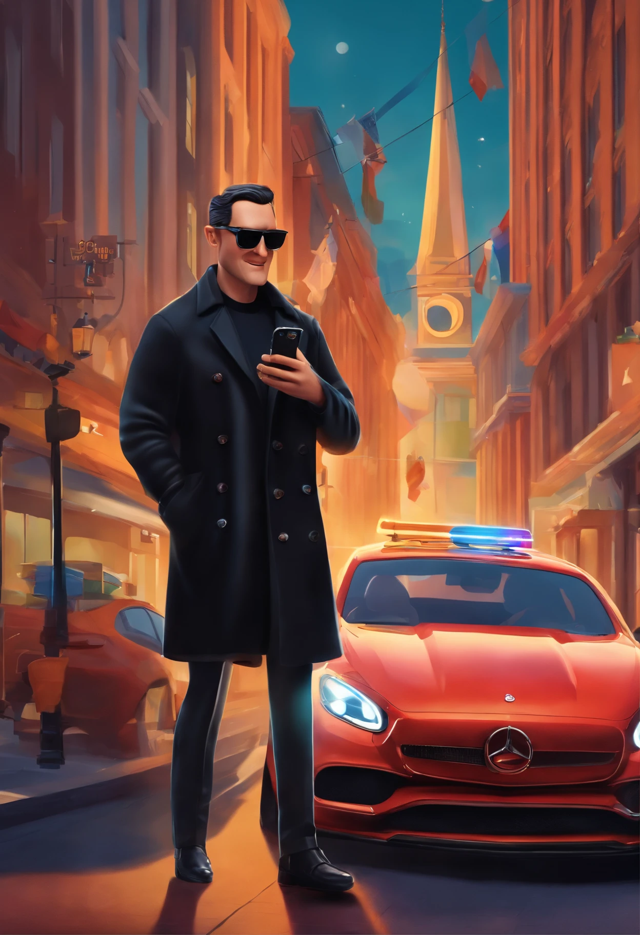 Pixar-inspired 3D poster capturing a scene with a 35-year-old man dressed in a black Mercedez-benz coat with black pants and sunglasses, he's fiddling with his phone at work