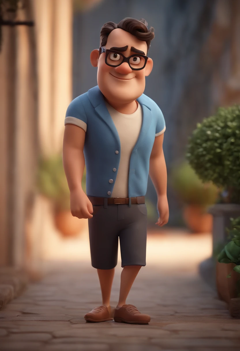 Cartoon character of a man wearing black glasses and a blue shirt, um personagem animado, Caractere estilizado, animation style rendering, 3D estilizado, Arnold Maya render, 3 d render stylized, toon render keyshot, Personagem 3D, Personagem 3D, 3d rendering stylized, 3 d character render, personagem de desenho animado, Personagem de close up, Pose de personagem, (Estilo Pixar) (master part:1.2) (Bokeh) (best quality) (pele detalhada) (textura detalhada) (8k) (argila) (Cinematic lighting) (foco nítido,Senta e vaza a parte superior do corpo