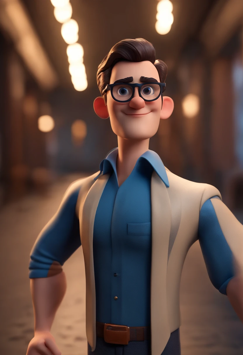 Cartoon character of a man wearing black glasses and a blue shirt, um personagem animado, Caractere estilizado, animation style rendering, 3D estilizado, Arnold Maya render, 3 d render stylized, toon render keyshot, Personagem 3D, Personagem 3D, 3d rendering stylized, 3 d character render, personagem de desenho animado, Personagem de close up, Pose de personagem, (Estilo Pixar) (master part:1.2) (Bokeh) (best quality) (pele detalhada) (textura detalhada) (8k) (argila) (Cinematic lighting) (foco nítido,Senta e vaza a parte superior do corpo