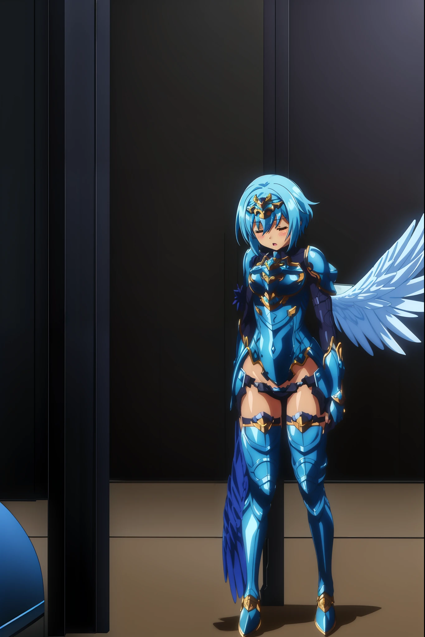 sandalphon (the seven heavenly virtues), masterpiece, best quality, 1girl, solo, short hair, blue hair, closed eyes, blush, wings, open mouth, armor, gloves, head wings, full body, boots