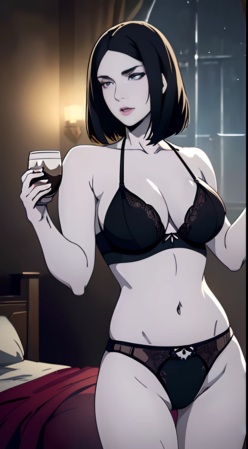 (One Person), (Ultra Realistic Image of a Gorgeous 25 Years Old British Female Model), (Wavy Bobcut Black Hair:1.2), (Pale Skin:1.6), (Detailed Oily and Sweaty Skin:1.4), (Wearing a Black Lingerie:1.4), (Busty Cup Size:1.6), (Dynamic Pose:1.4), (Open Legs:1.2), (Clean Armpits:1.2), (Dimly Lit Bedroom at Night:1.6), Centered, (Waist-up Shot:1.4), From Above Shot, Insane Details, Intricate Face Detail, Intricate Hand Details, Cinematic Shot and Lighting, Realistic Colors, Masterpiece, Sharp Focus, Ultra Detailed, Taken with DSLR camera, Realistic Photography, Depth of Field, Incredibly Realistic Environment and Scene, Master Composition and Cinematography