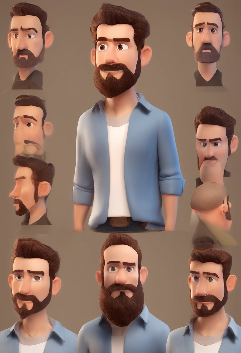 Estilo Pixar: Brown eyes man combone on head 40 years old with short dark brown beard