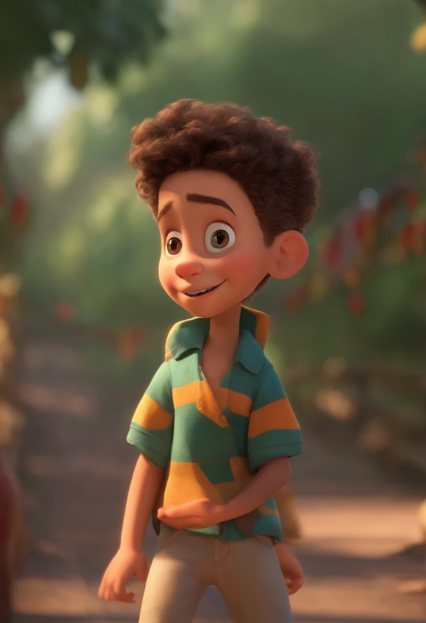 Image of a boy for a story in a YouTube video in Pixar format, He's the  allabester, He's the class leader, He's outgoing, Playful and gets up for a lot of things, cabelo curto
