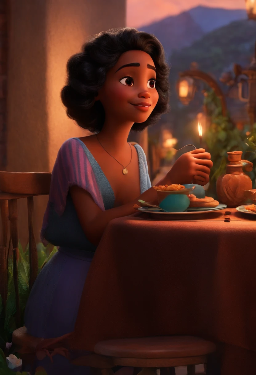 Um filme inspirado na Disney Pixar (MENINA NEGRA JOVEM COM CABELO LONGO CACHEADO PRETO) dentro A cena estar na arte distinta do estilo PIXAR, descolada e estilosa