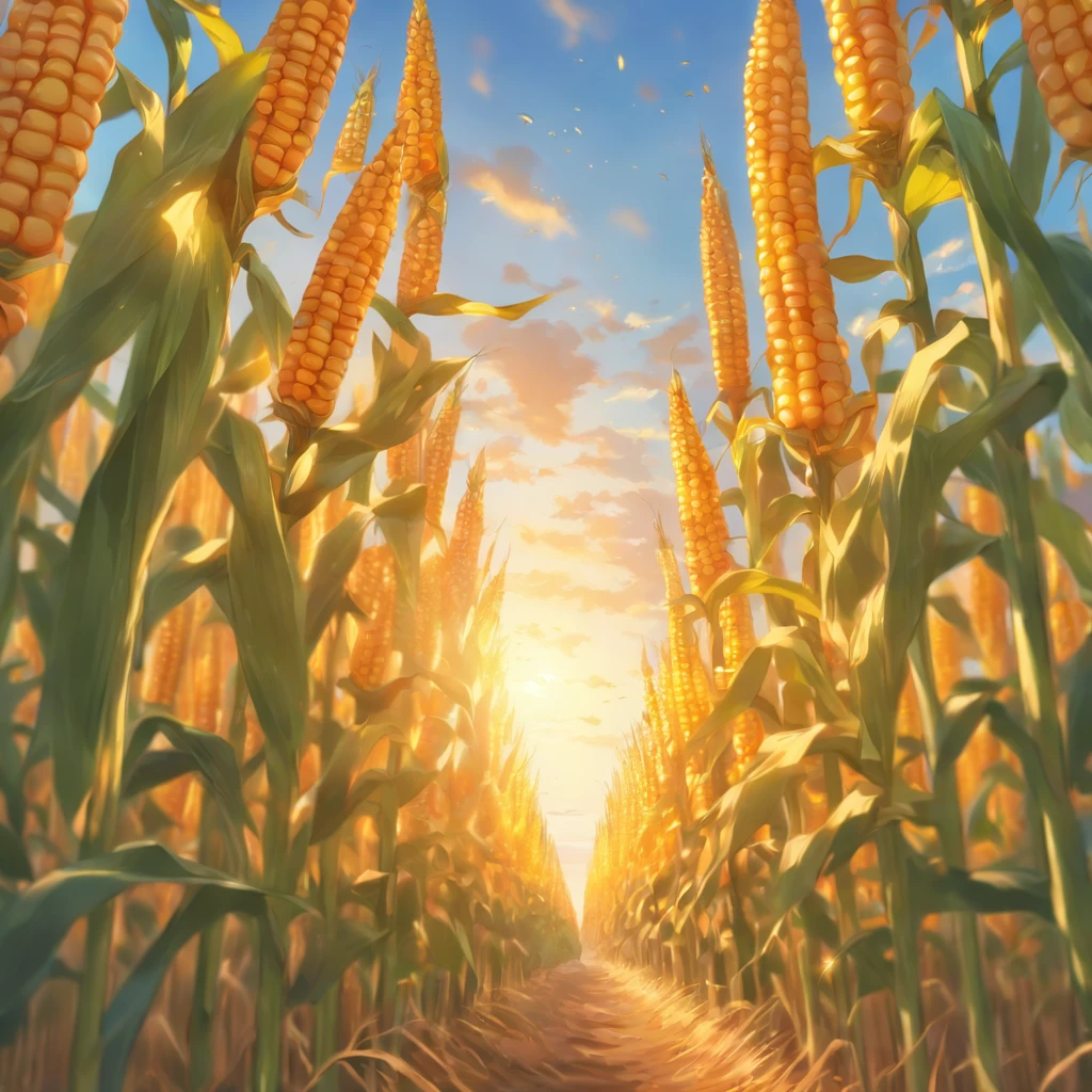 high quality,ultra-detailed,realistic corn field, vibrant colors, natural lighting, peaceful atmosphere, rustling leaves, golden sunset, vast landscape, summer harvest, abundant crops, serenity, nature's beauty, rural scenery, agricultural backdrop, fertile soil, endless rows of corn, towering stalks, swaying in the breeze, birds chirping, distant farmhouses, simplicity, tranquility, serene environment, expansive fields, clear blue sky, whispering wind, peaceful countryside, idyllic setting