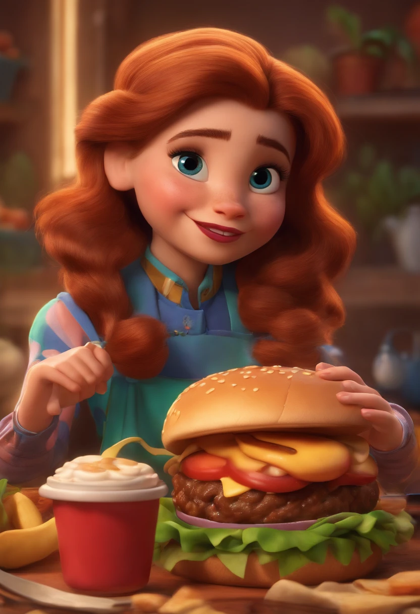 Make a Girl, She's hungry, como Disney Cartoon, She's eating hamburger, Pixar, ..3d, Disney