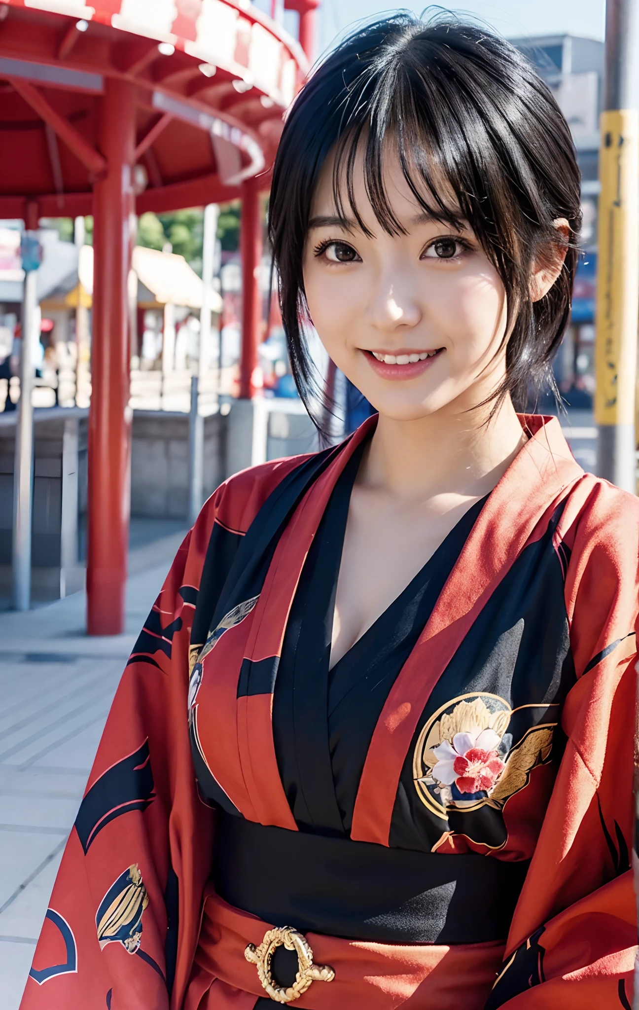 Cute Japan person with black hair, Pretty little girl in red kimono, Cute girl walking in an amusement park, Pretty girl with short black hair, Pretty girl with a smile, Cute girl with big and cleavage, photorealistic anime girl render, real life anime girl, realistic young anime girl, charming anime girls, realistic anime 3 d style, photorealistic anime, kawaii realistic portrait, 3 d anime realistic, Hyper realistic anime, With black hair, With short hair