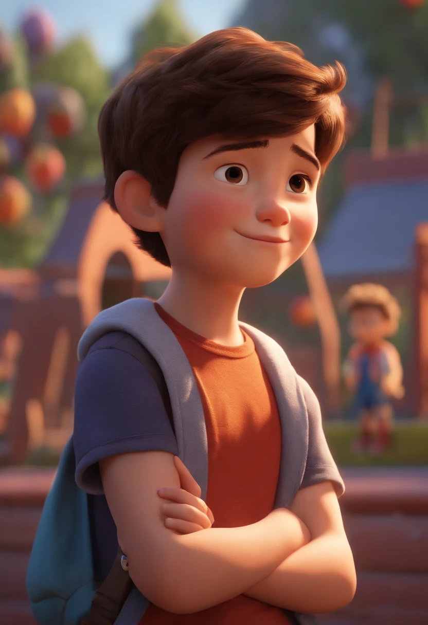 (Pixar 1.23 style) 1 boy ((upper body front, bust shot)), solo, cute kid, brunette, pretty tracksuit, boy, korean child, playground, ((masterpiece, highest quality)), (composite lighting)