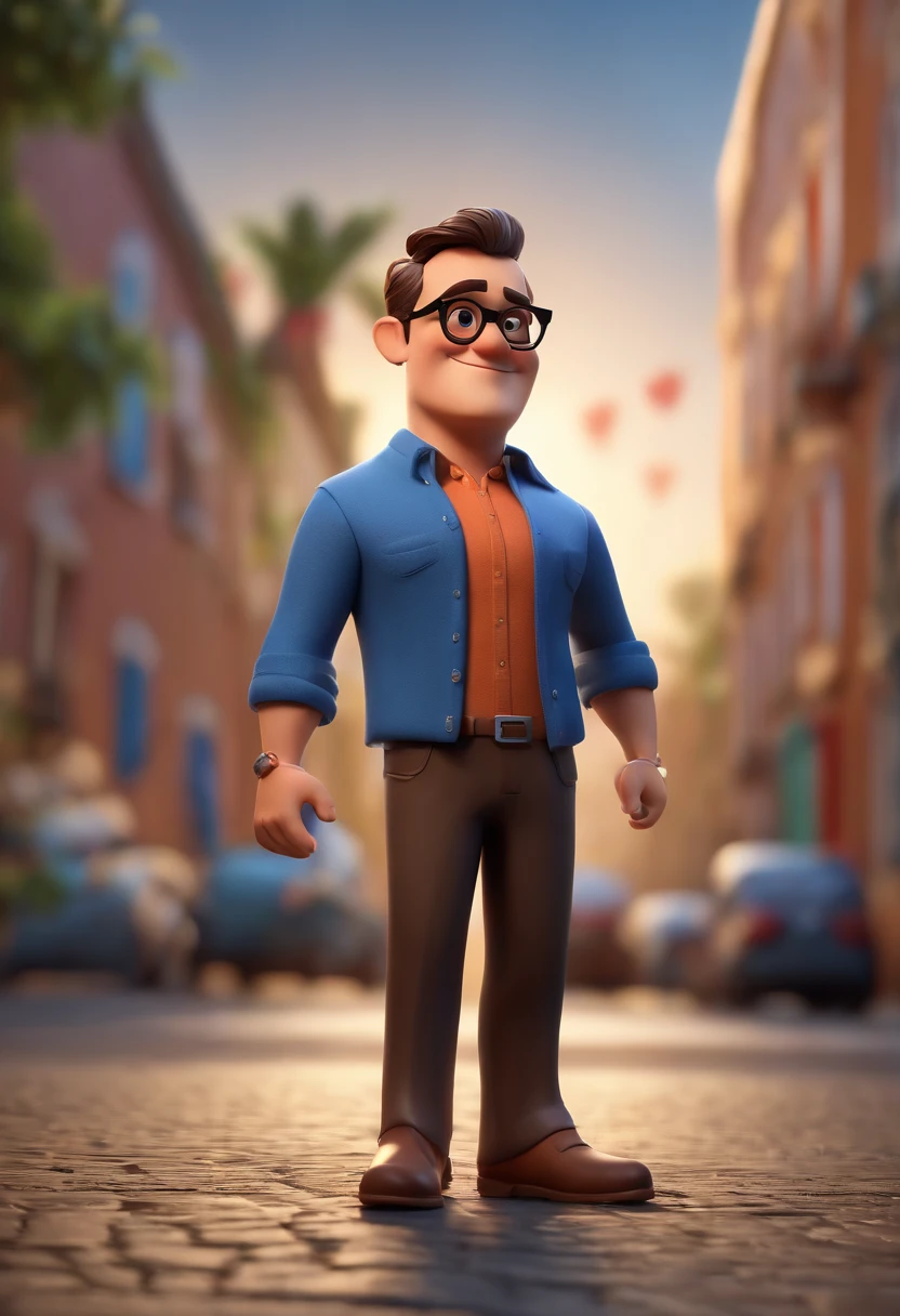 Cartoon character of a man wearing black glasses and a blue shirt, um personagem animado, Caractere estilizado, animation style rendering, 3D estilizado, Arnold Maya render, 3 d render stylized, toon render keyshot, Personagem 3D, Personagem 3D, 3d rendering stylized, 3 d character render, personagem de desenho animado, Personagem de close up, Pose de personagem, (Estilo Pixar) (master part:1.2) (Bokeh) (best quality) (pele detalhada) (textura detalhada) (8k) (argila) (Cinematic lighting) (foco nítido，Senta e vaza a parte superior do corpo