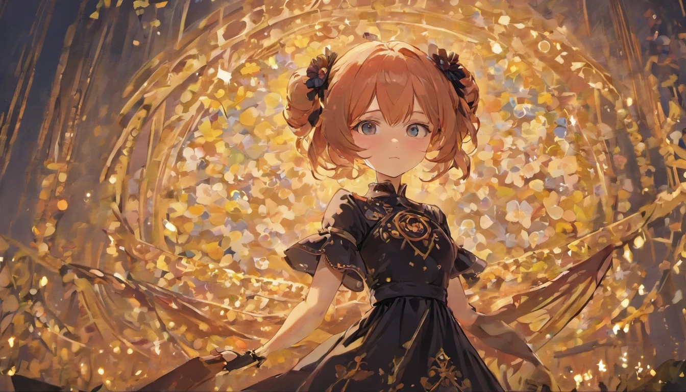 A doll like girl with child like proportions and a lifeless yet dazzling eye the other eye is covered with a flower shaped eye patch. She wears a black dress adorned with navy blue roses. She looks up at you curiously