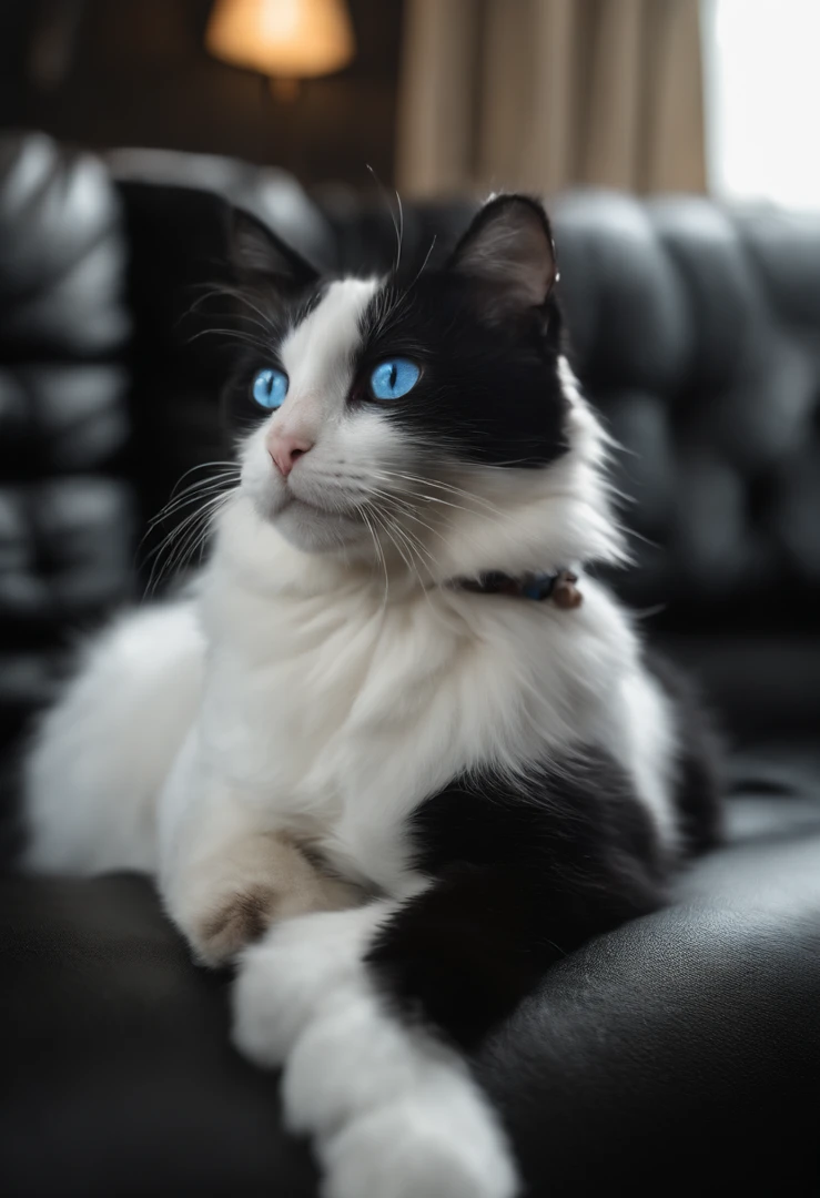 (highres:1.2),white cat with blue eyes playing on top of black sofa with black dog with a broken ear