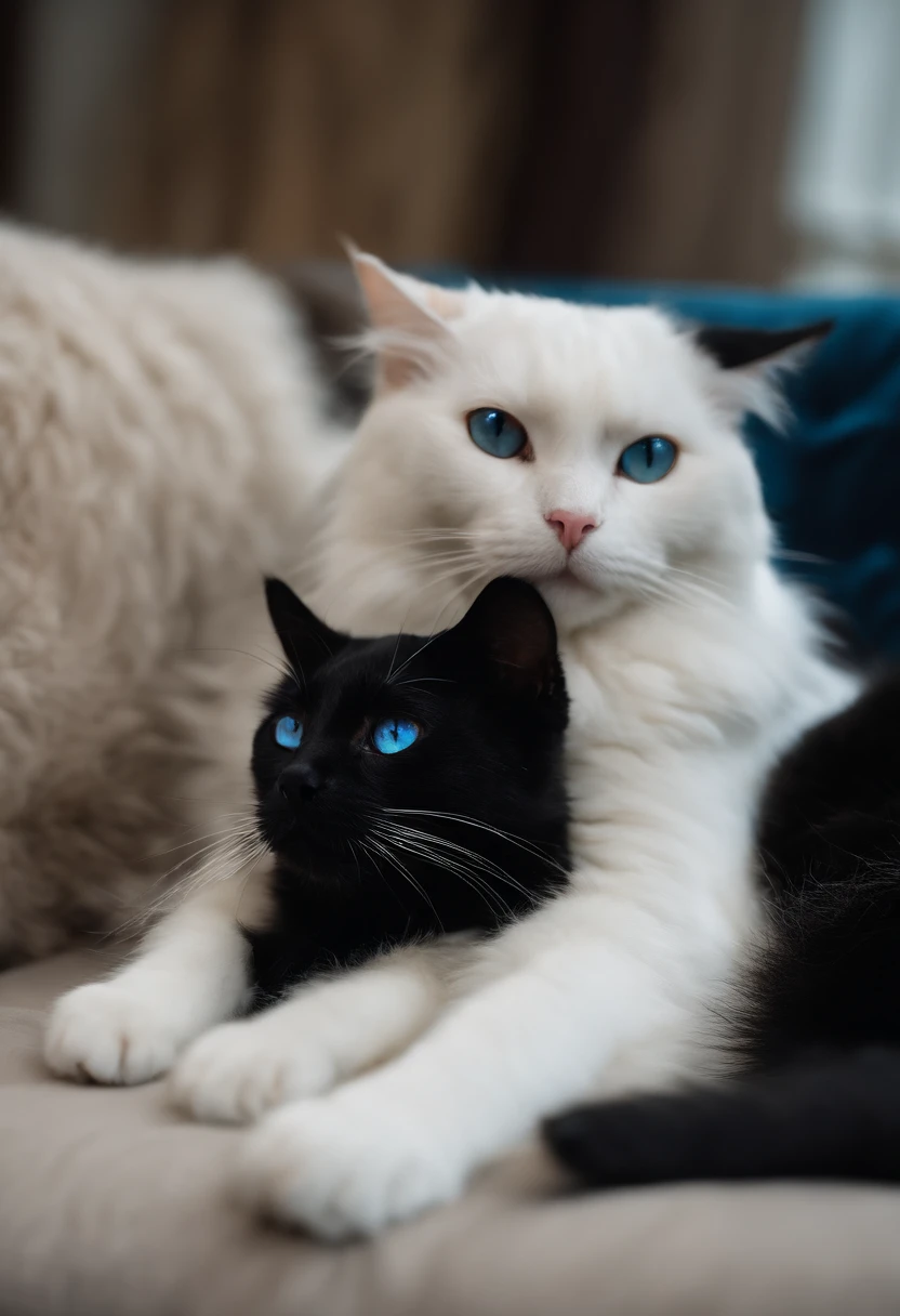 (highres:1.2),white cat with blue eyes playing on top of black sofa with black dog with a broken ear