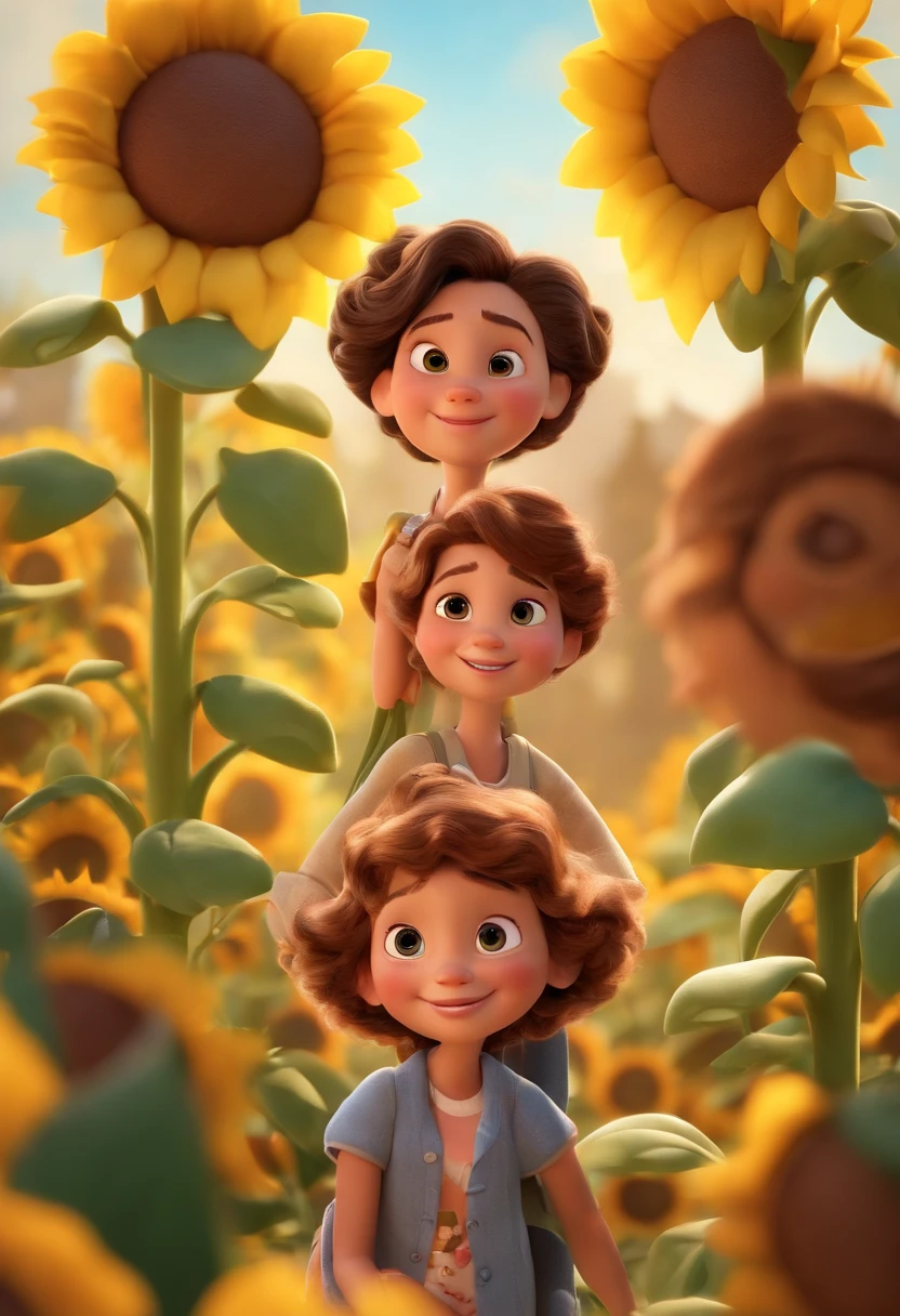 Create a Disney PIXAR-style 3D poster. ((centro da imagem, Triplets)), ((3 children)) ((1 menino no meio e 2 meninas ao lado, They're hugging each other, O menino tem pele castanha e cabelos castanhos escuros e olhos castanhos escuros, 1 menina tem pele clara, olhos e cabelos escuros e cacheados, e a outra menina tem pele morena, olhos escuros e cabelos escuros e lisos)) ((tudo isso no estilo Disney PIXAR 3D, In the background, A house of sunflowers, Gloria Studio, The garden is full of nature 3D render RTX clay material, estilo de design cartunesco, POP Mart, soft lighting, linhas suaves, Spring tilt, Detailed illustrations of PIXAR 3D, Detalhes hiper-realistas, cor quente no estilo Disney PIXAR 3D))
