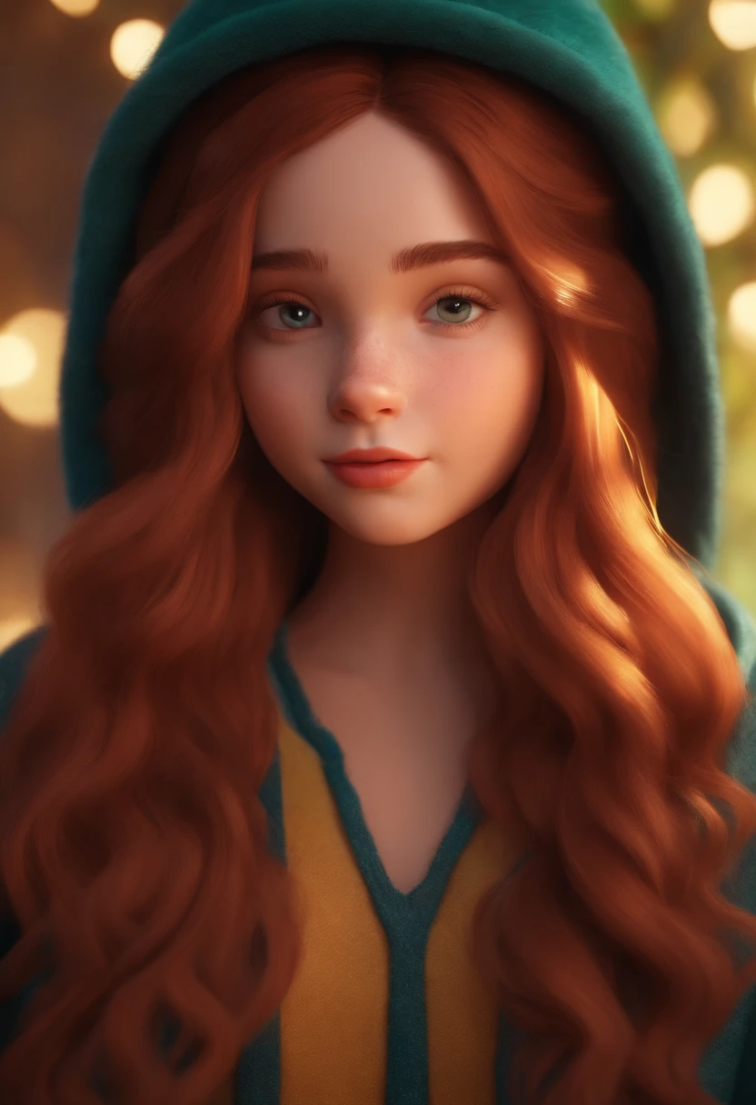 Uma menina cabelo longo escuro, olhos castanhos. A green-eyed boy resembling Captain America, cabelos castanho claro bem curto. They're wearing cold clothes and hats on their heads. Ao fundo a aurora boreal. Estilo Disney Pixar