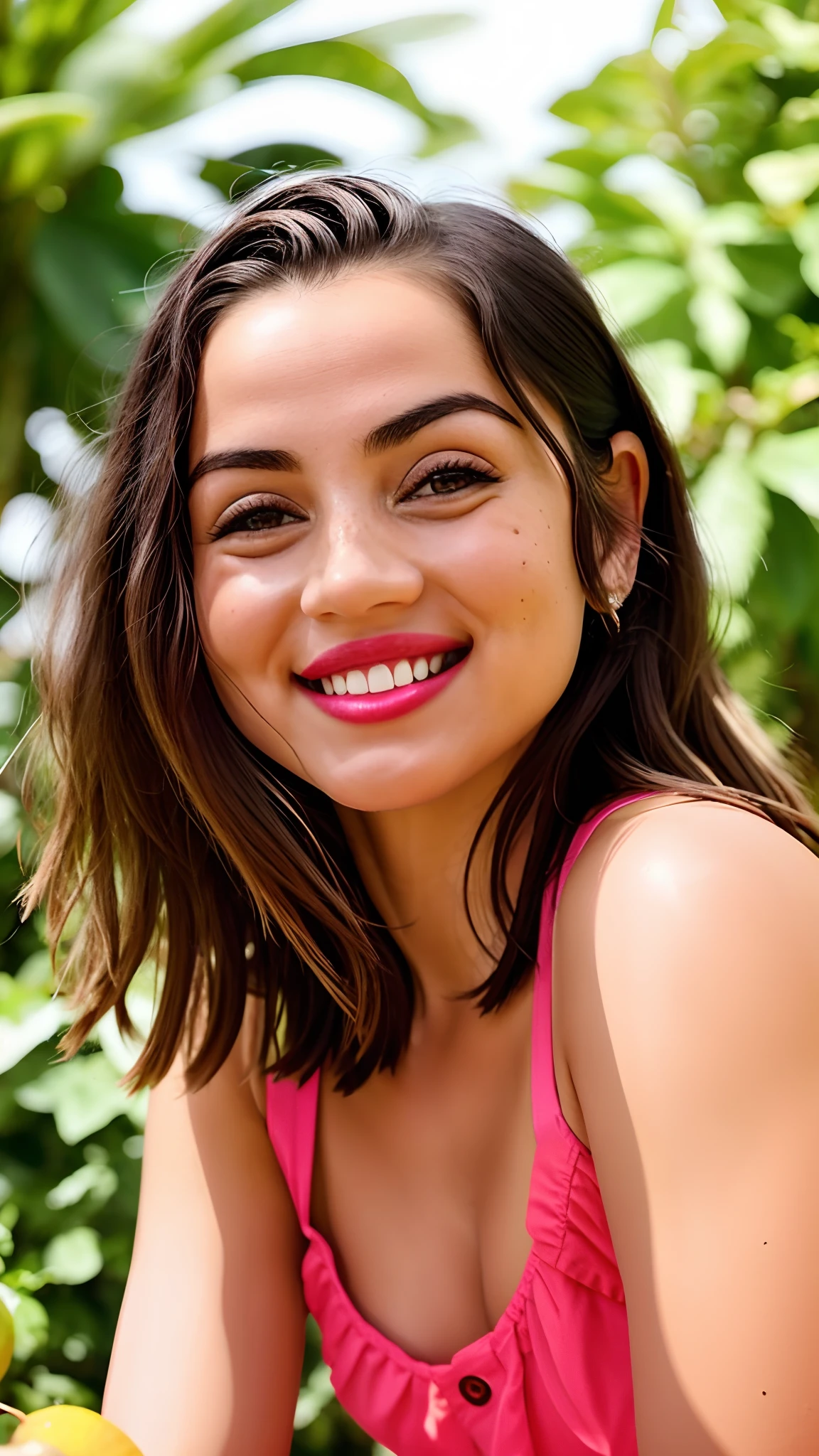 mulher sorridente sentada em uma mesa com um prato de frutas, selfie de uma jovem mulher, happily smiling at the camera, sorrindo e olhando diretamente, foto de perfil headshot, smiling at camera, selfie shot straight on angle, Fotografia selfie 8k, smiling at camera, smiling at camera, staring directly at camera, she is smiling and excited