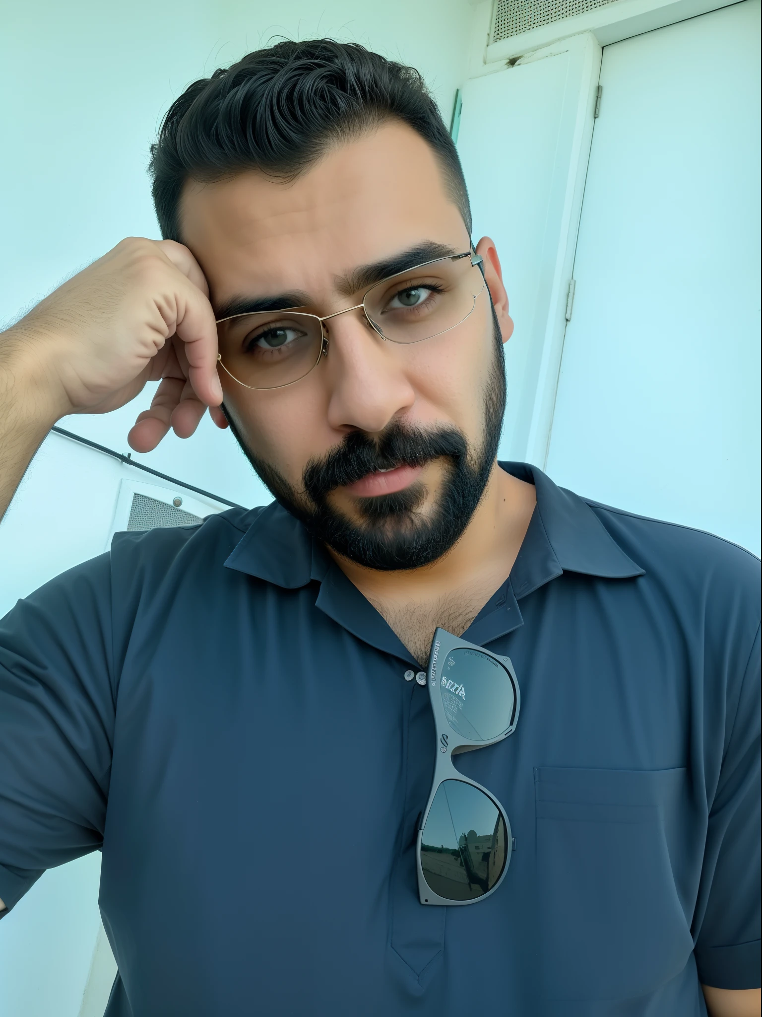 there is a man with a beard and sunglasses on posing for a picture, Fotografia Selfie 8k, Selfie de um homem, with serious face expression, imagem de qualidade muito alta, com uma barba pequena, Tiro na Nikon Z9, com barba e camisa preta, sem barba, Selfie!!!!! de um homem, Retrato tirado 8 K