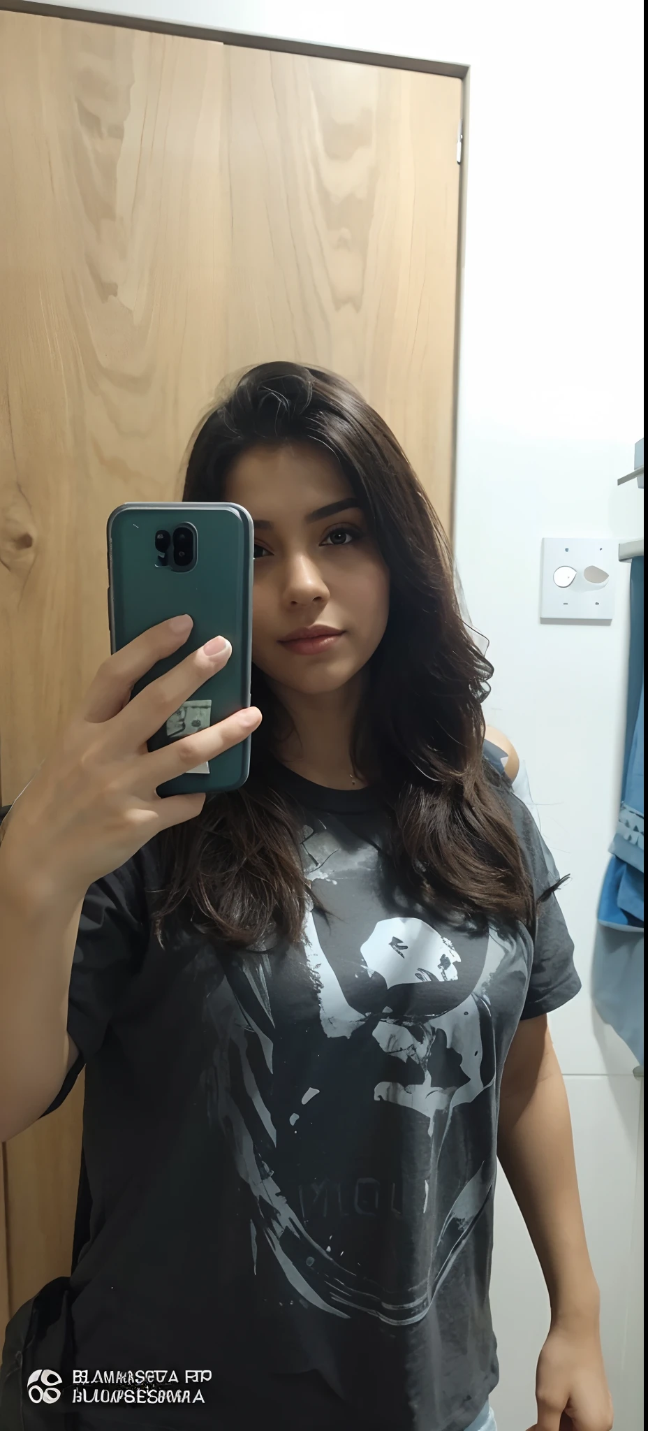 Girl with a cell phone in her hand, usando blusa preta com estampa