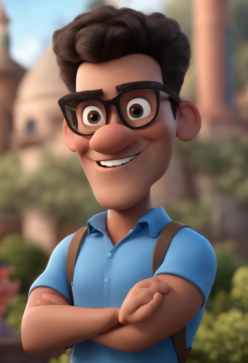 Cartoon character of a man with black glasses and a blue shirt, animation character, Caractere estilizado, animation style rendering, 3D estilizado, Arnold Maya render, 3 d render stylized, toon render keyshot, Personagem 3D, Personagem 3D, 3d rendering stylized, 3 d character render, personagem de desenho animado, Personagem de close up, Pose de personagem,  (Estilo Pixar) (master part:1.2) (Bokeh) (best quality) (pele detalhada) (textura detalhada) (8k) (argila) (Cinematic lighting) (foco nítido