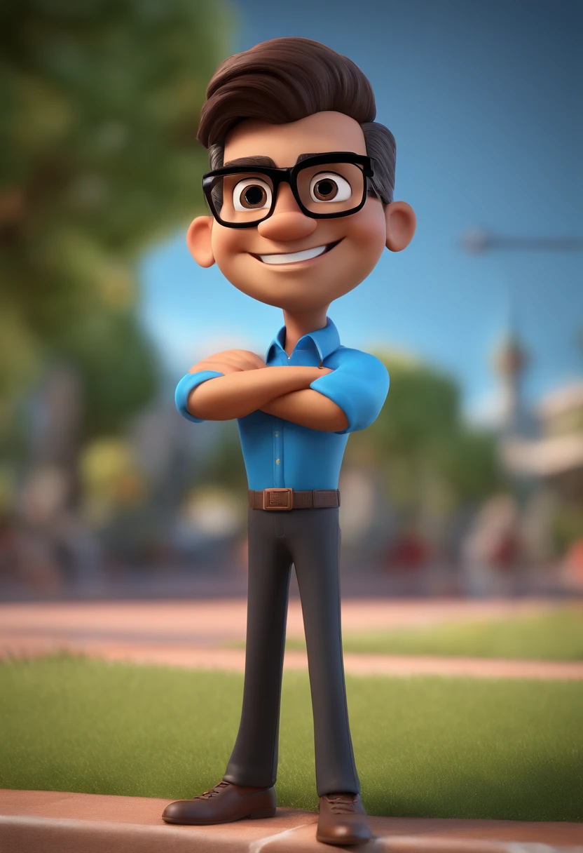 Cartoon character of a man with black glasses and a blue shirt, animation character, Caractere estilizado, animation style rendering, 3D estilizado, Arnold Maya render, 3 d render stylized, toon render keyshot, Personagem 3D, Personagem 3D, 3d rendering stylized, 3 d character render, personagem de desenho animado, Personagem de close up, Pose de personagem, (Estilo Pixar) (master part:1.2) (Bokeh) (best quality) (pele detalhada) (textura detalhada) (8k) (argila) (Cinematic lighting) (foco nítido