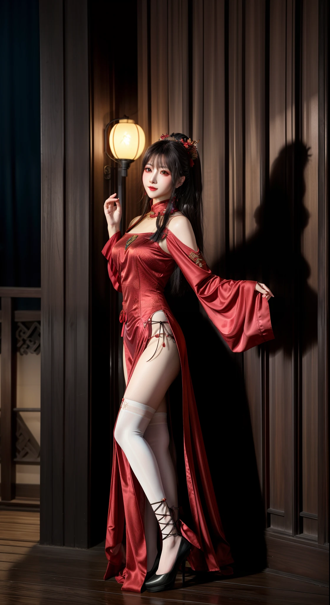 Naked without clothes best quality, masterpiece, highres, 1girl, hanfu, white and even teeth, red irises, chinese underwear, hair ornaments, necklace, jewelry, crown jewelry. Pretty face, full body, magic import style, tyndall effect, photo realistic, dark studio, border light, two tone light, (high detail skin: 1.2), 8k uhd, dslr , soft light, high quality, volumetric light, candid, Photo , high resolution, 4k, 8k, Bokeh, (light pink lips), 1 beautiful demon from hell, In the Dark: 1.6 ), surreal full-body women by David Hockney and Alphonse Mucha, fantasy art, photorealism, dynamic lighting, station art, posters, volumetric lighting, highly detailed faces, super 8k, Awarded, in the dark, dark, low light, cowboy lens, (Red phoenix dress: 1.4), long hair, black hair, bust, luxury palace, Royal family style family, devil's crown, red eyes with very sharp and detailed makeup, Best face, Very round and firm breasts, Surreal, chinese women's long clothes, buds Charming smile, Pretty eye makeup, guweiz, devil style, mesh stockings with lace-up waist sock, thigh-length top, dark red turtleneck turtleneck, ponytail with bow at the back , dark red lips, Devil tattoo on shoulder, overcast and thunderous landscape, (full body), Close-up of main character, (Background detail 1.8), lace-up tights, medium-sized butt,