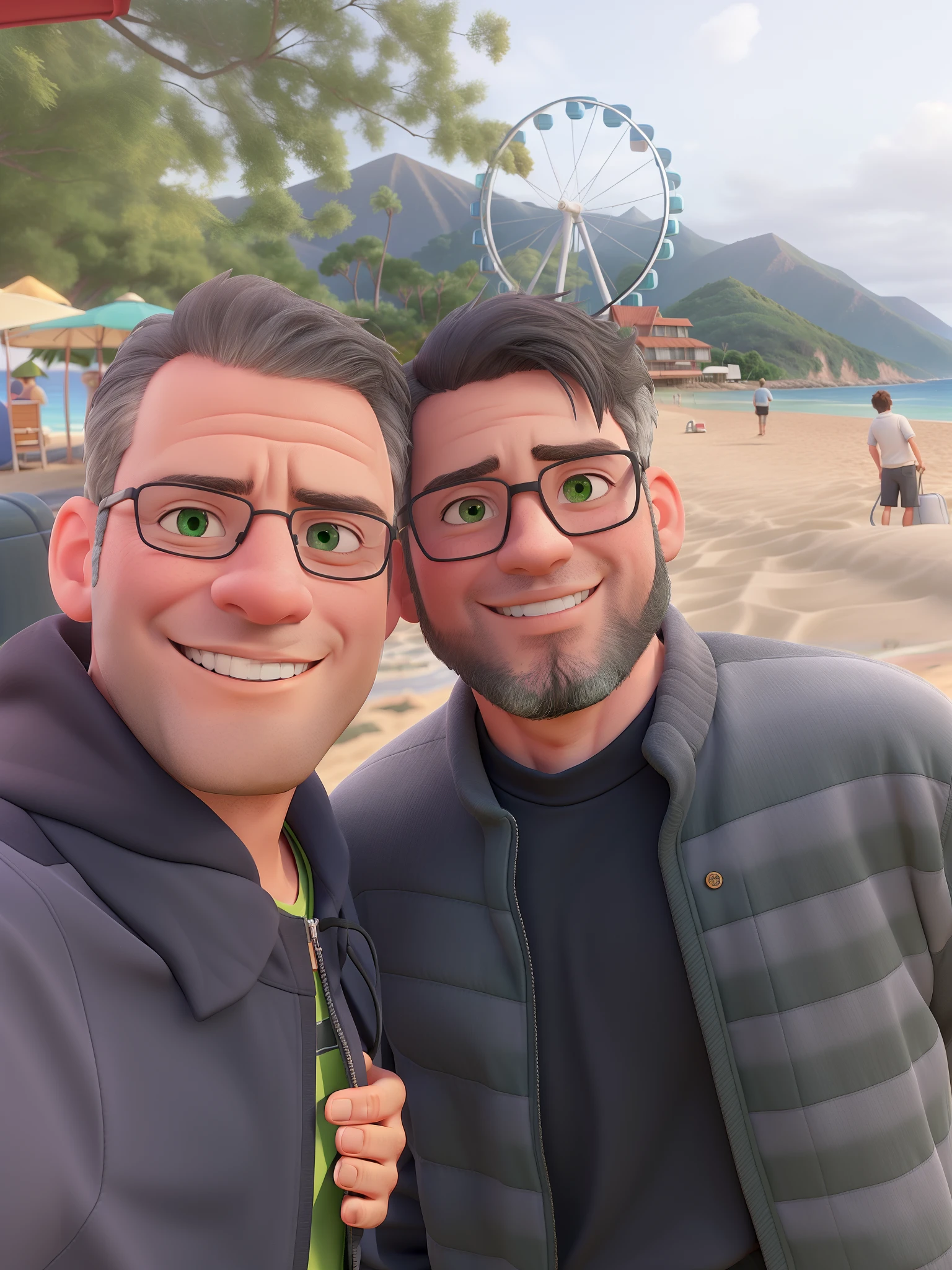 Two men on the beach taking a selfie, one has gray hair, wears glasses, A cord with a black cross, camiseta e jaqueta preta. The other man is smiling, has black hair, green eyes, and is wearing a black jacket that is fastened by a zipper . In the background there is the sand of the beach, the sea is a Ferris wheel, behind the Ferris wheel there are mountains with trees