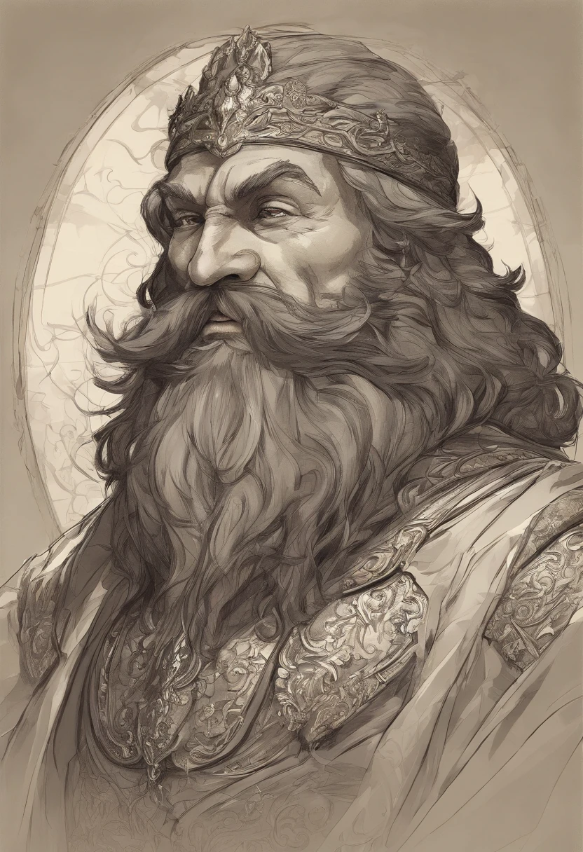 RPG retrato, Moldura de Bronze, Close-up, race: Dwarf, Gender: macho, idade: 30 anos, olho: castanho escuro; cor da pele: pele clara, Hair: Castanho encaracolado, physics: Tez gordurosa, Facial features: Barba frondosa, expression: olhar alegre, equipamento: Clothes of the dwarf king, Background Story: retrato simples com moldura, Alphonse Mucha (master part, best quality, High: 1.4), circunstanciado, detalhes intrincados, 4k, respingos de cor, arte de linha, Fibonacci