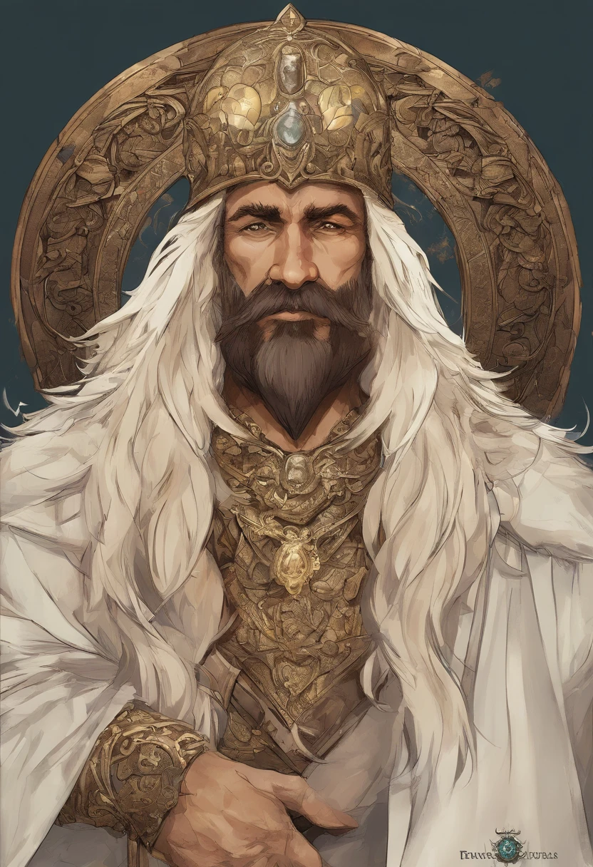 RPG retrato, Moldura de Bronze, Close-up, race: Dwarf, Gender: macho, idade: 30 anos, olho: castanho escuro; cor da pele: pele clara, Hair: Castanho encaracolado, physics: Tez gordurosa, Facial features: Barba frondosa, expression: olhar alegre, equipamento: Clothes of the dwarf king, Background Story: retrato simples com moldura, Alphonse Mucha (master part, best quality, High: 1.4), circunstanciado, detalhes intrincados, 4k, respingos de cor, arte de linha, Fibonacci