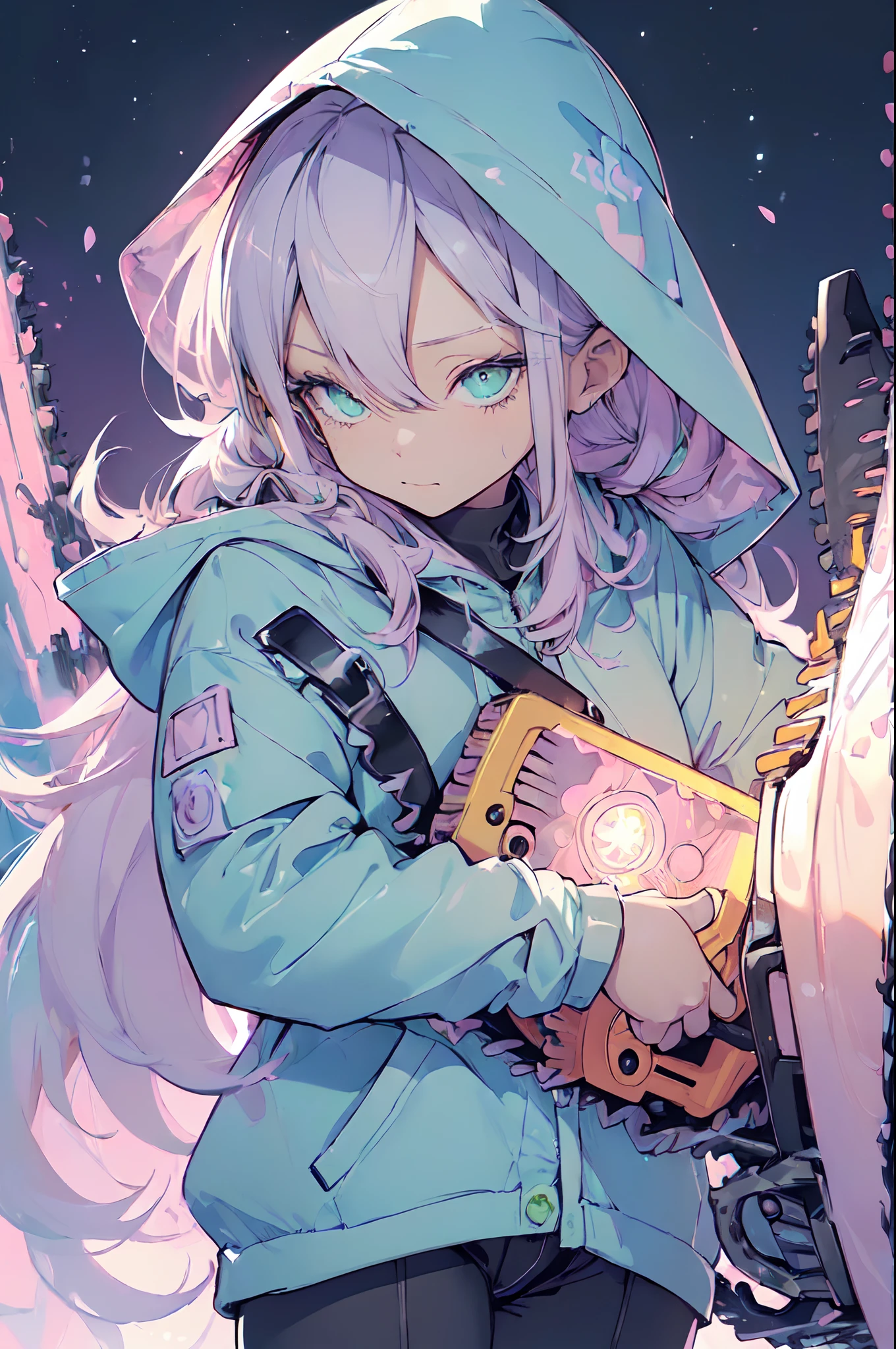 (Cute illustration:1.5),(pastel color:1.5),(Cute,kawaii,Dolce:1.2),(watercolor paiting:1.1),
1girl in,Solo,
oversized hooded jacket,
Full body,open stance,
BREAK
(A chainsaw that glows furiously:1.5)
(In his hand he holds a huge chainsaw:1.6),
(Huge and cute weapons , Huge and cute weapons:1.3),

break
Simple background,
bold outline,Flat color,fine outline,Pink outline,
nice hand, Perfect hands,Hold the chain perfectly、A chainsaw that glows furiously、Far-reaching、((from distance))、(wide angles)